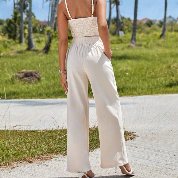 Apricot Boho Women's Spring Break Solid Cami Top & Wide Leg Pants Two Piece Set - Picture 2 of 7